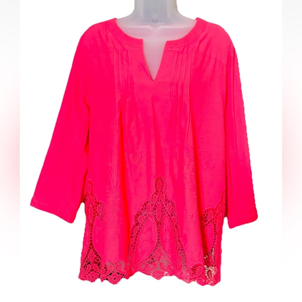 Saint Tropez West Cotton Tunic Top Size 1X Hot Pink Cut Out Lace Feminine - Picture 11 of 11